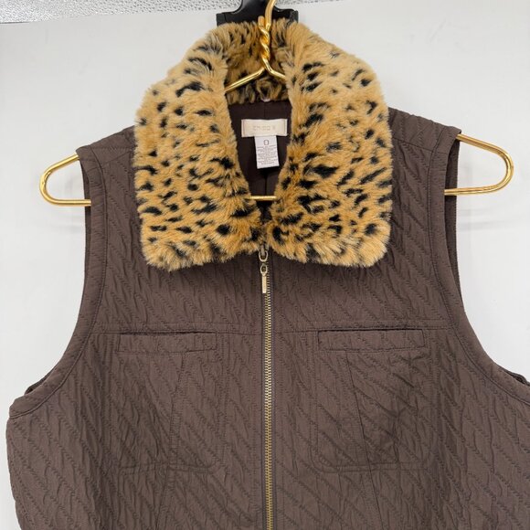 Chico’s Faux Fur Leopard Collar Quilted Vest Winter Brown Size 0 US (4-6 ) - Picture 2 of 10